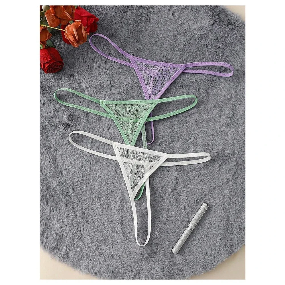 SOLY HUX Women's 3 Piece Lace Thongs Panties Underwear Low Rise Panty Set Purple